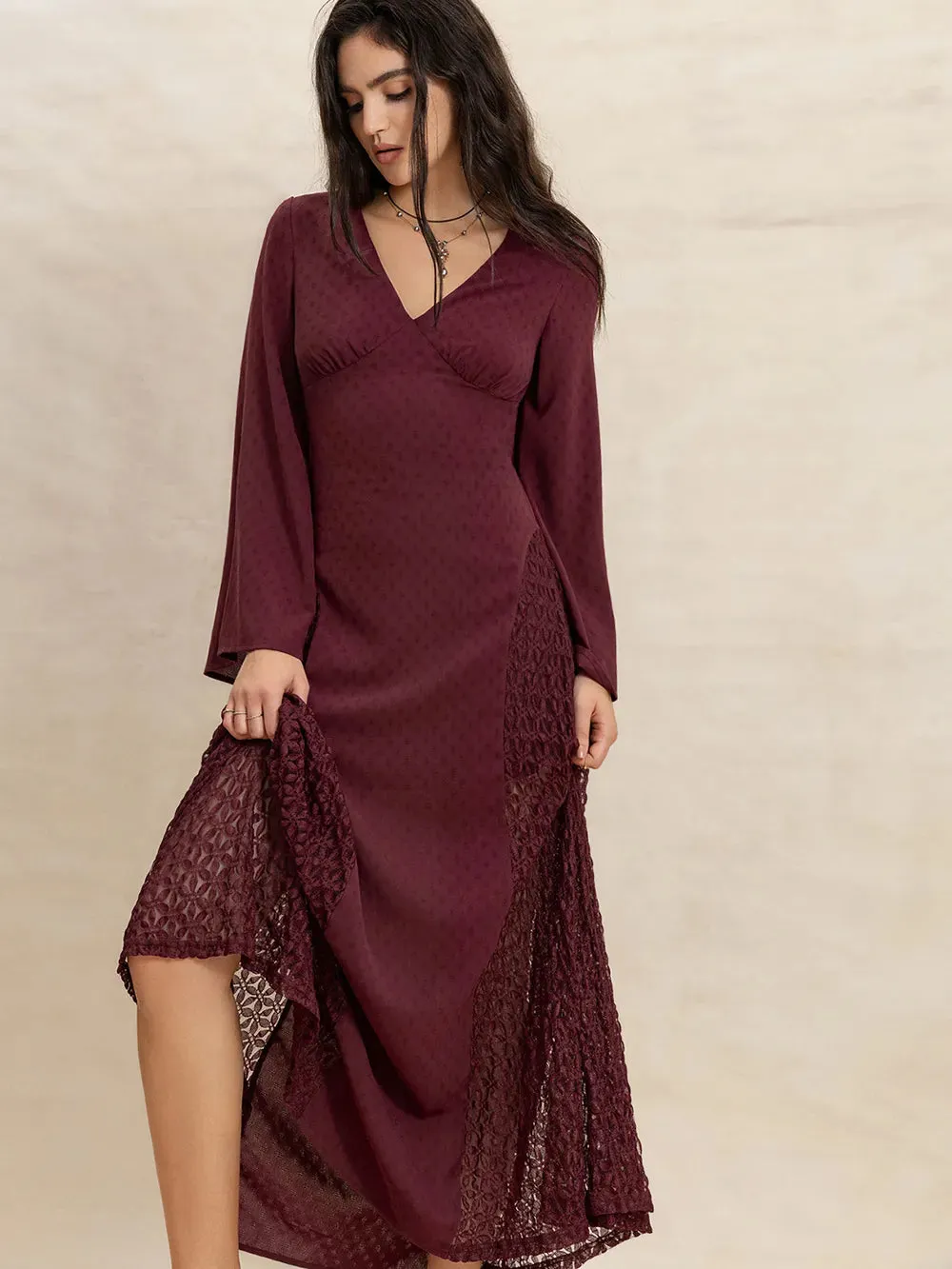 Lace Patchwork V-Neck Long Sleeve Midi Dress sold by Gigi Laurent product image thumbnail 3