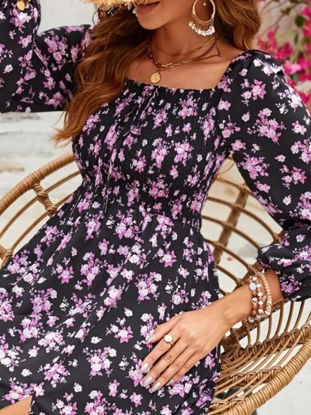 Slit Smocked Floral Square Neck Balloon Sleeve Midi Dress sold by Gigi Laurent product image thumbnail 2