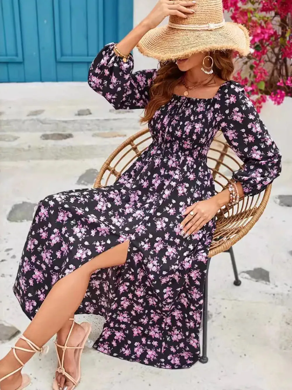 Slit Smocked Floral Square Neck Balloon Sleeve Midi Dress sold by Gigi Laurent