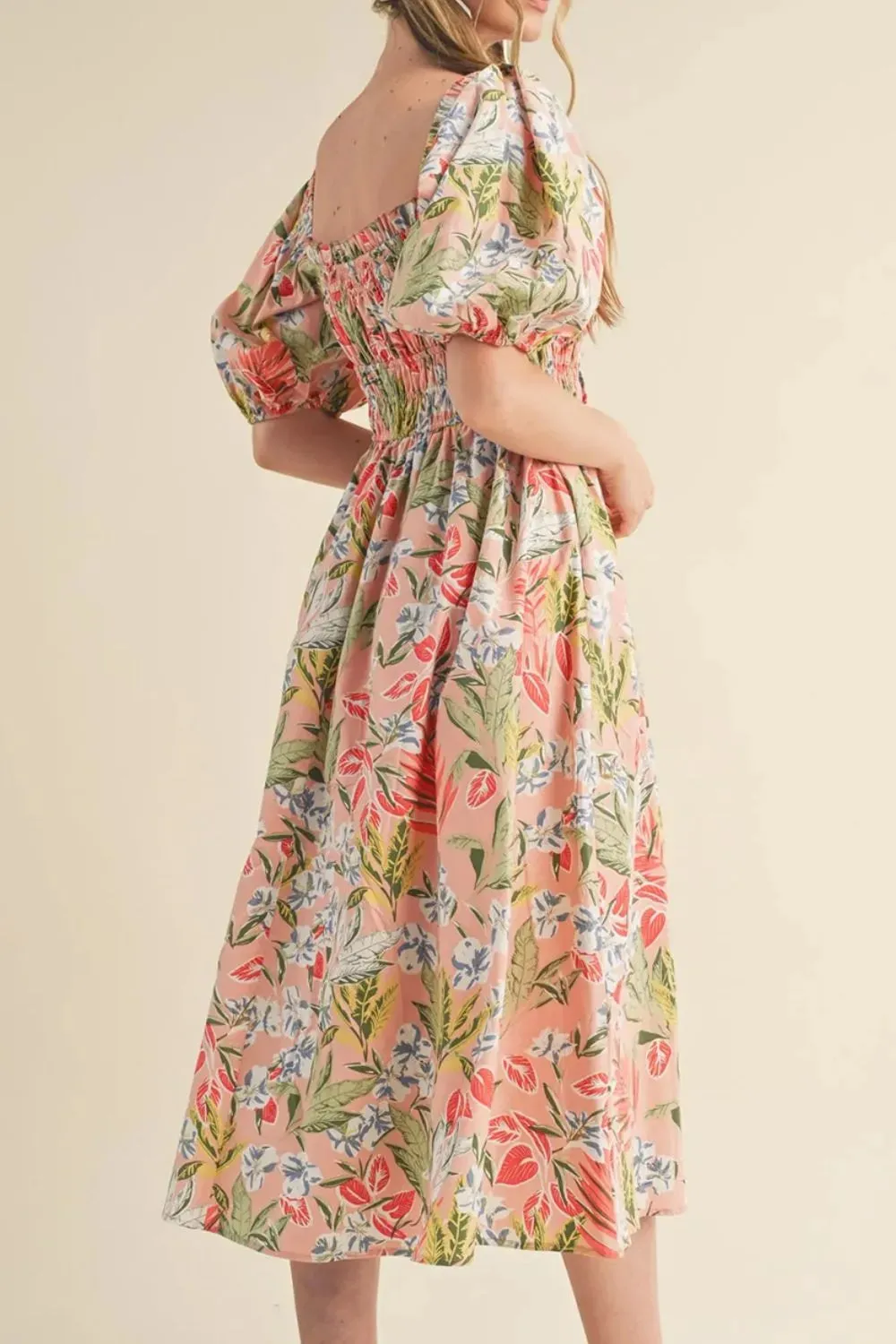 Floral Smocked Square Neck Puff Short Sleeve Midi Dress sold by Gigi Laurent product image thumbnail 2