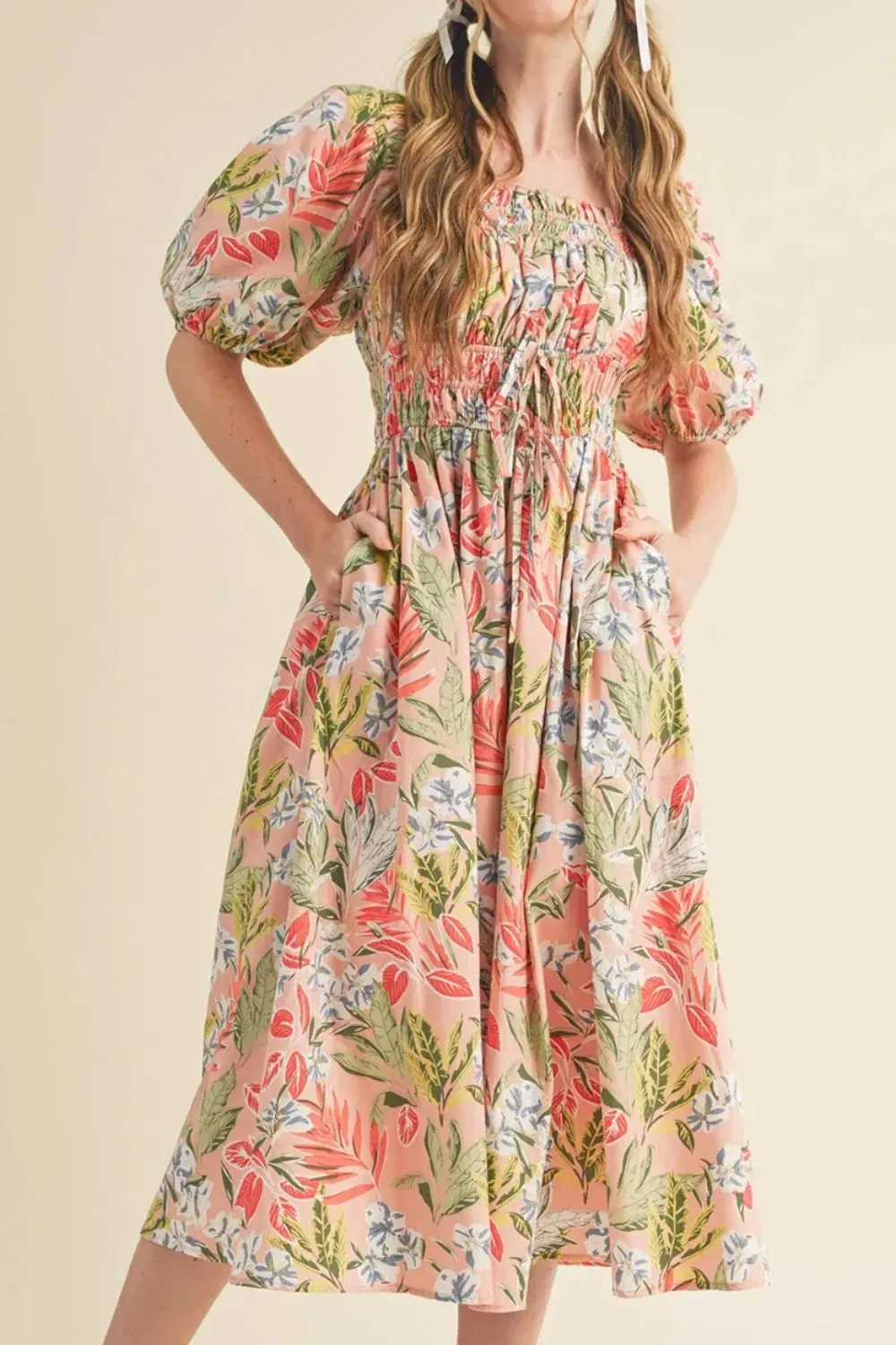 Floral Smocked Square Neck Puff Short Sleeve Midi Dress sold by Gigi Laurent product image thumbnail 4