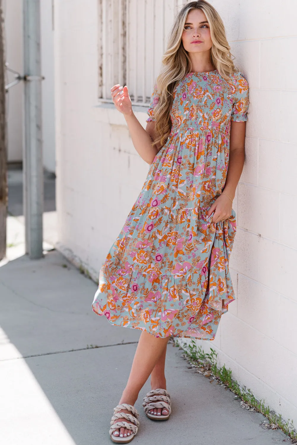 Floral Flounce Sleeve Round Neck Midi Dress sold by Gigi Laurent product image thumbnail 5