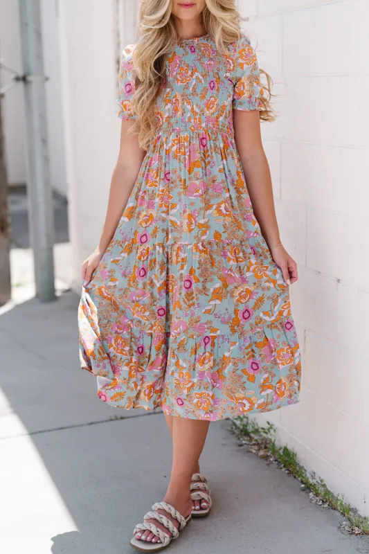 Floral Flounce Sleeve Round Neck Midi Dress sold by Gigi Laurent