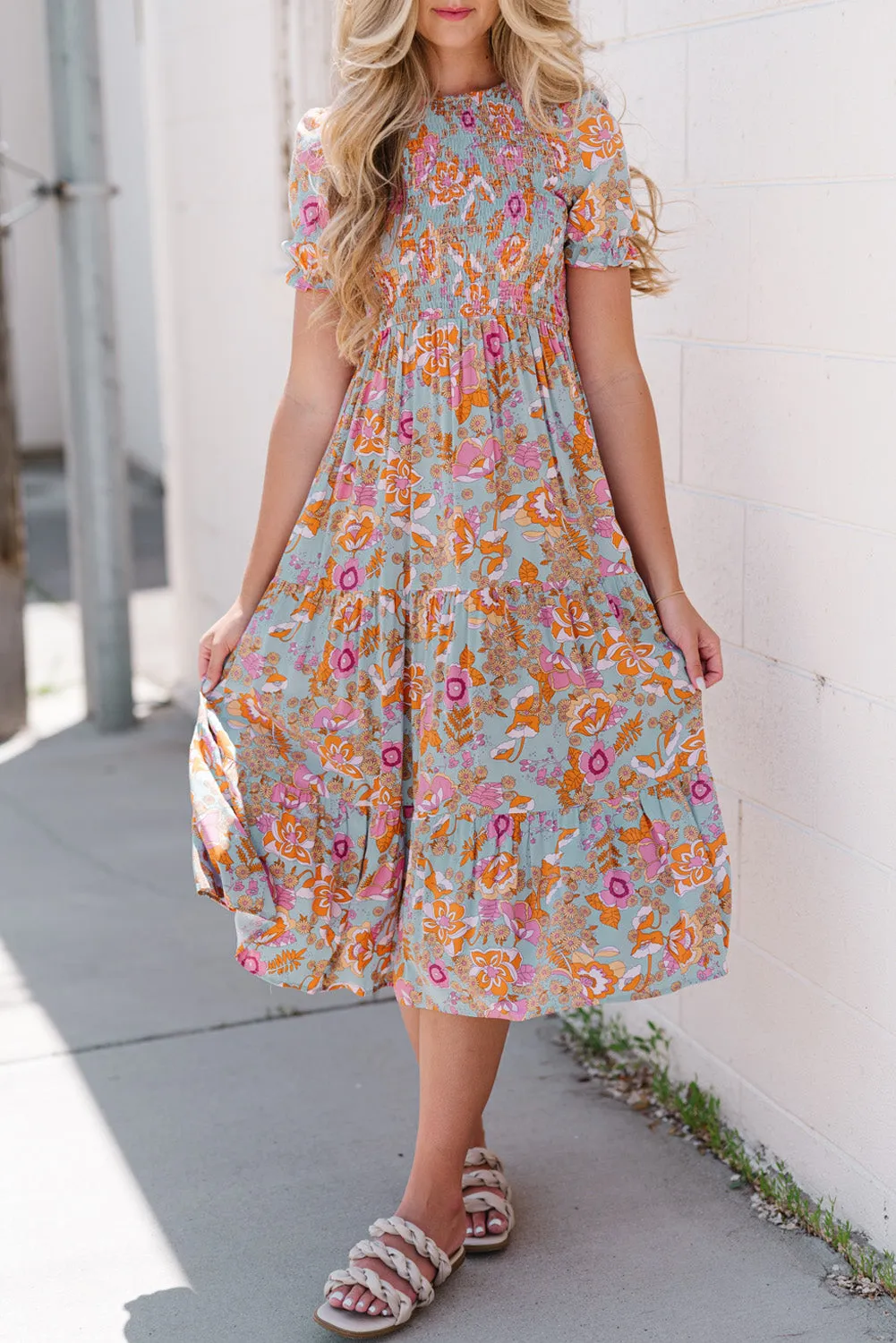 Floral Flounce Sleeve Round Neck Midi Dress sold by Gigi Laurent