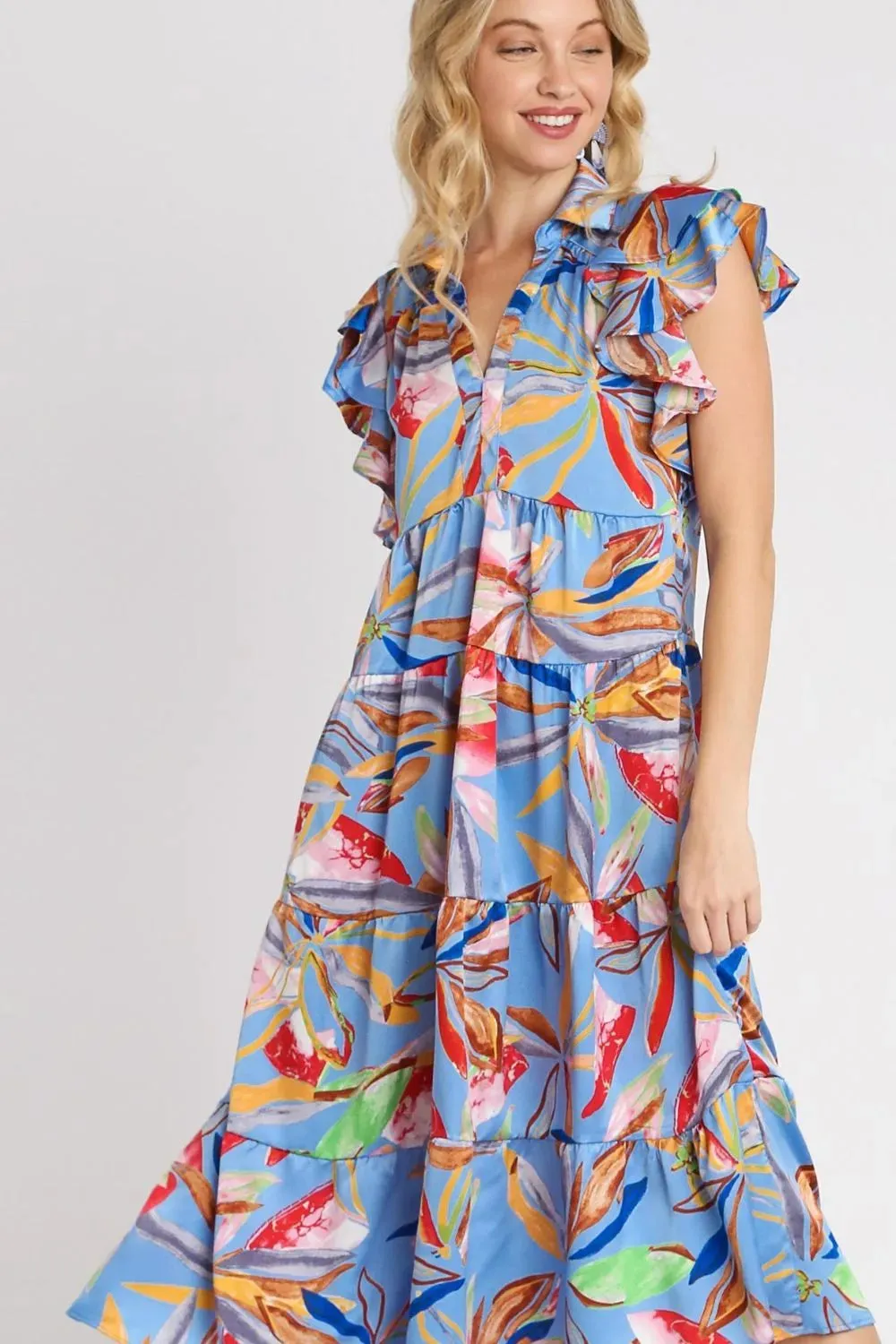 Umgee Full Size Leaf Print Double Layered Ruffle Sleeve Tiered Midi Dress Plus Size sold by Gigi Laurent product image thumbnail 2