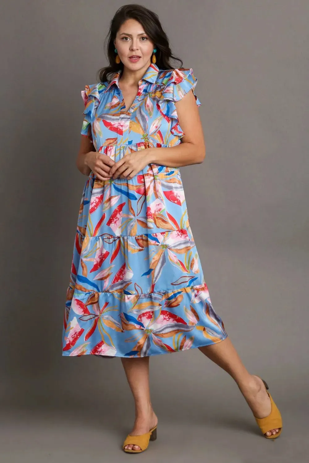 Umgee Full Size Leaf Print Double Layered Ruffle Sleeve Tiered Midi Dress Plus Size sold by Gigi Laurent product image thumbnail 4