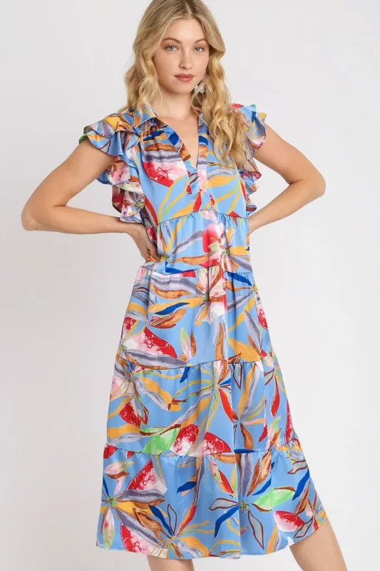 Umgee Full Size Leaf Print Double Layered Ruffle Sleeve Tiered Midi Dress Plus Size sold by Gigi Laurent