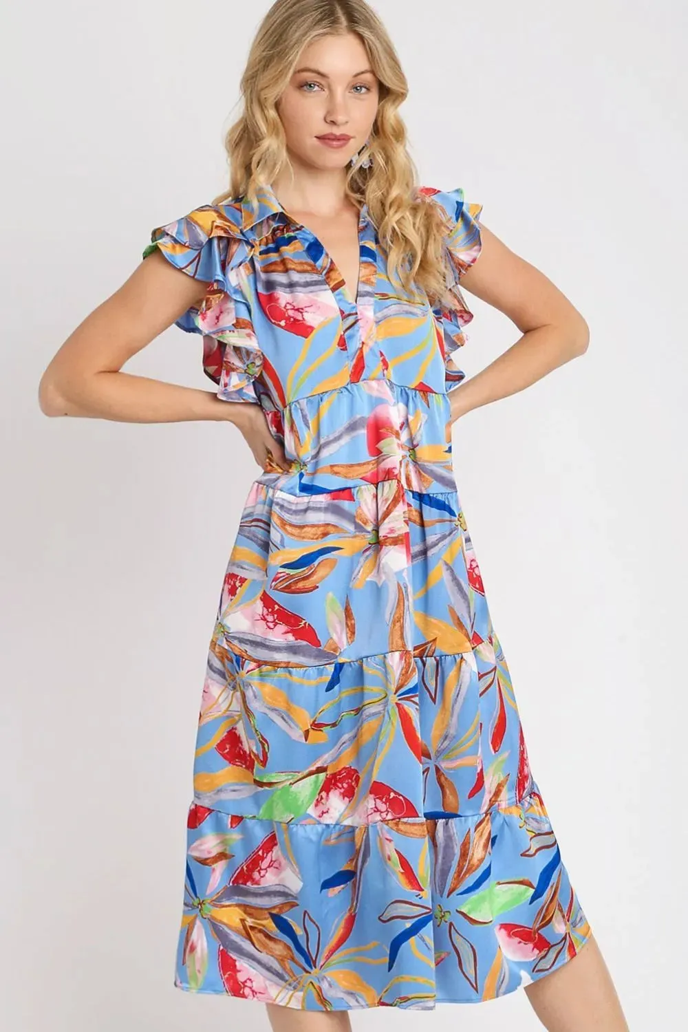 Umgee Full Size Leaf Print Double Layered Ruffle Sleeve Tiered Midi Dress Plus Size sold by Gigi Laurent