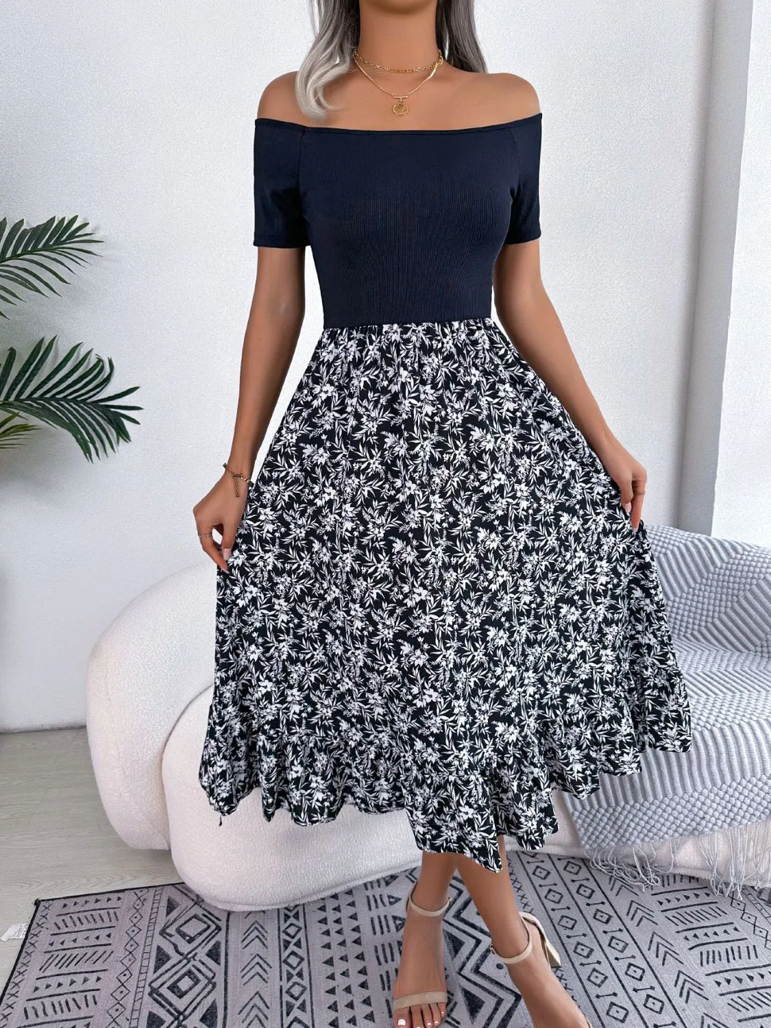 Printed Off-Shoulder Ruffle Hem Dress sold by Gigi Laurent product image thumbnail 4