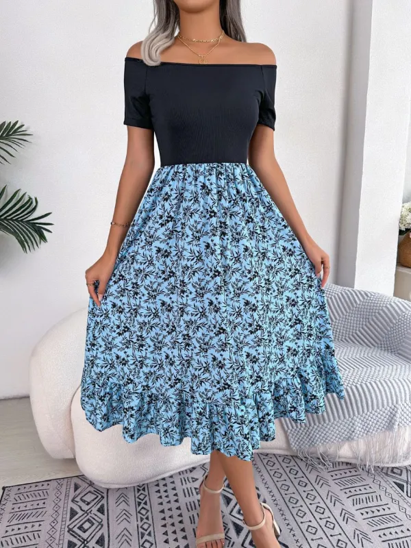 Printed Off-Shoulder Ruffle Hem Dress sold by Gigi Laurent