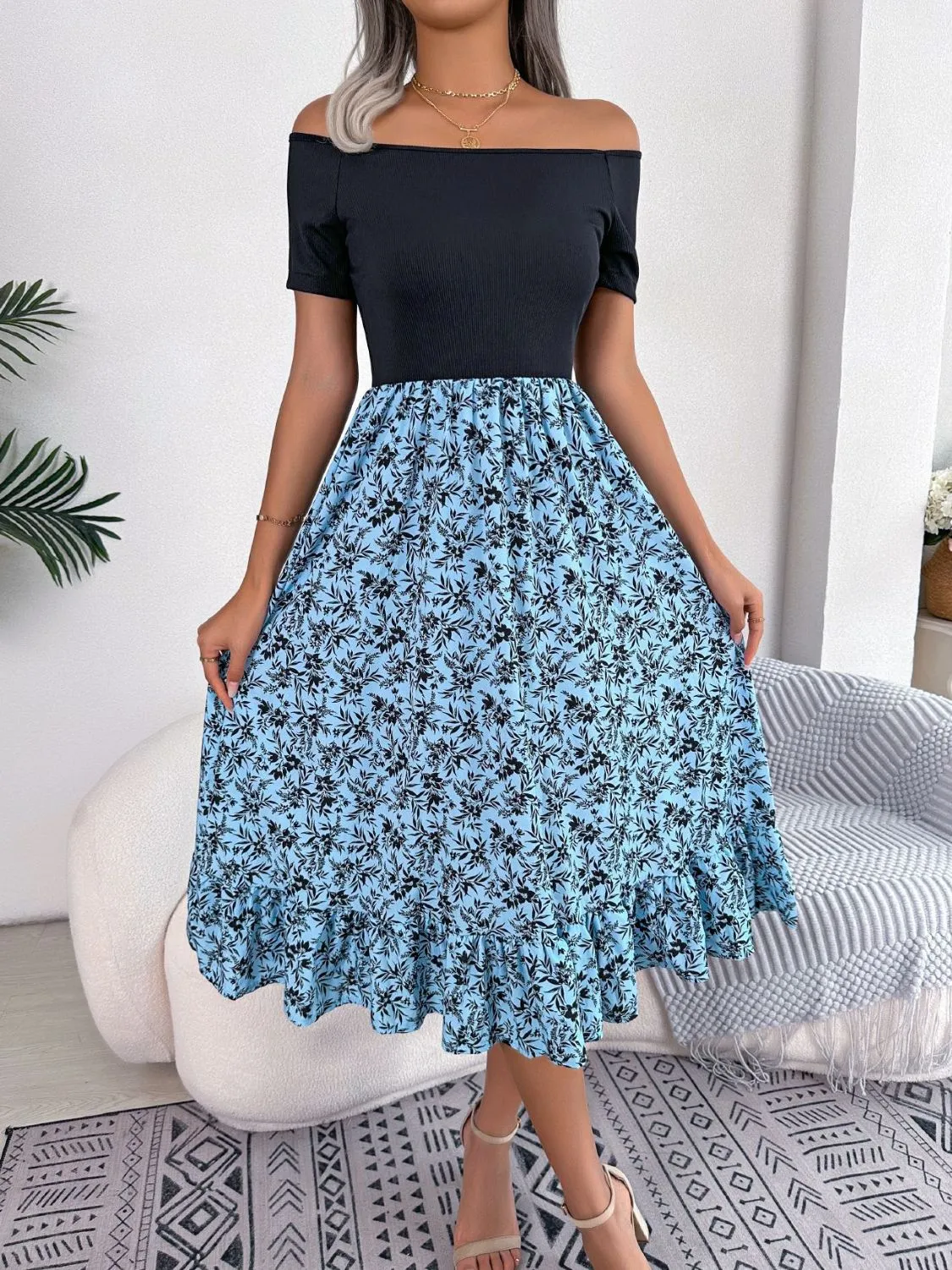 Printed Off-Shoulder Ruffle Hem Dress sold by Gigi Laurent