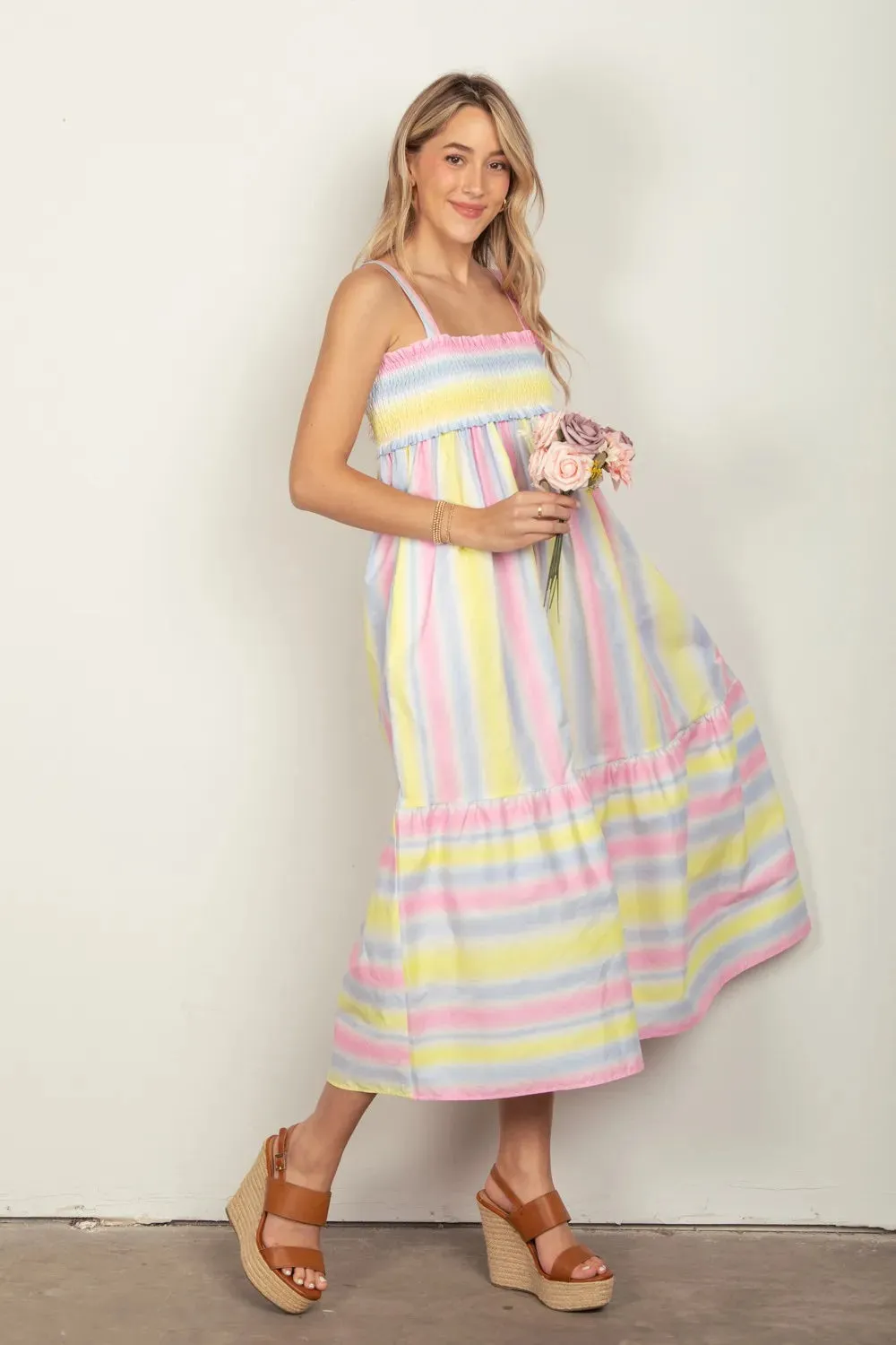 VERY J Striped Woven Smocked Midi Cami Dress sold by Gigi Laurent product image thumbnail 4