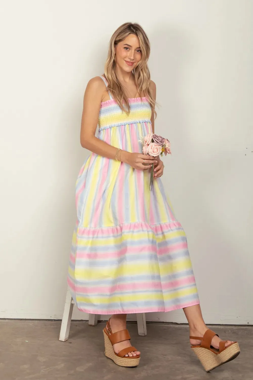 VERY J Striped Woven Smocked Midi Cami Dress sold by Gigi Laurent product image thumbnail 3