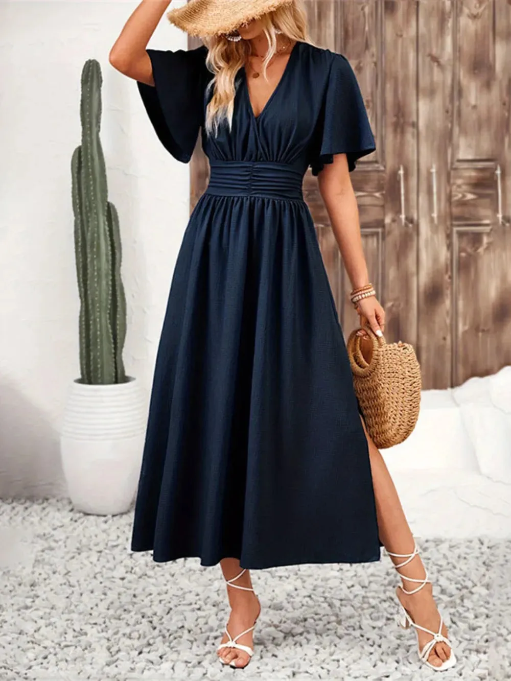 Side Slit Surplice Flutter Sleeve Midi Dress sold by Gigi Laurent product image thumbnail 4