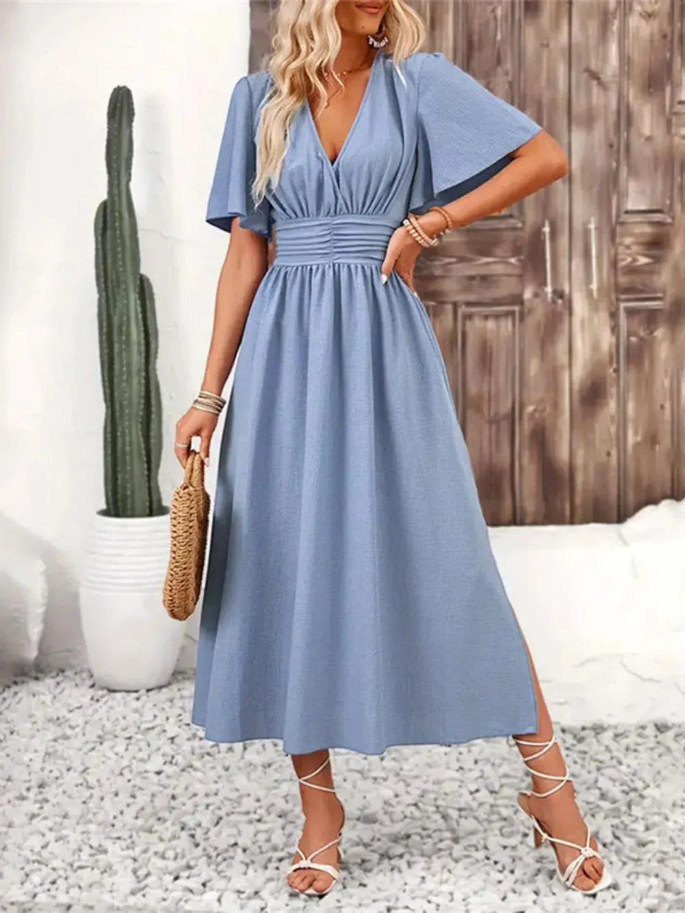 Side Slit Surplice Flutter Sleeve Midi Dress sold by Gigi Laurent product image thumbnail 2