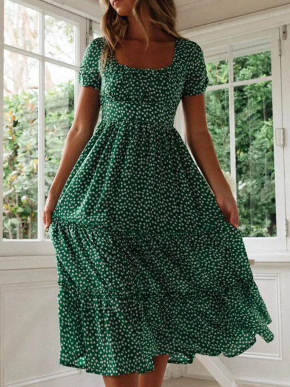 Printed Square Neck Short Sleeve Midi Dress sold by Gigi Laurent product image thumbnail 5