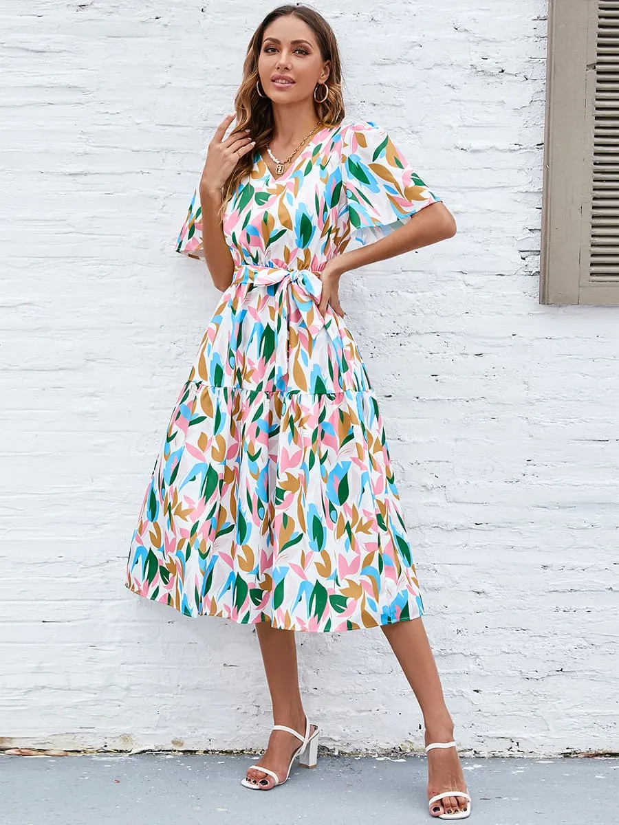 Printed Tie-Waist V-Neck Flutter Sleeve Dress sold by Gigi Laurent product image thumbnail 3