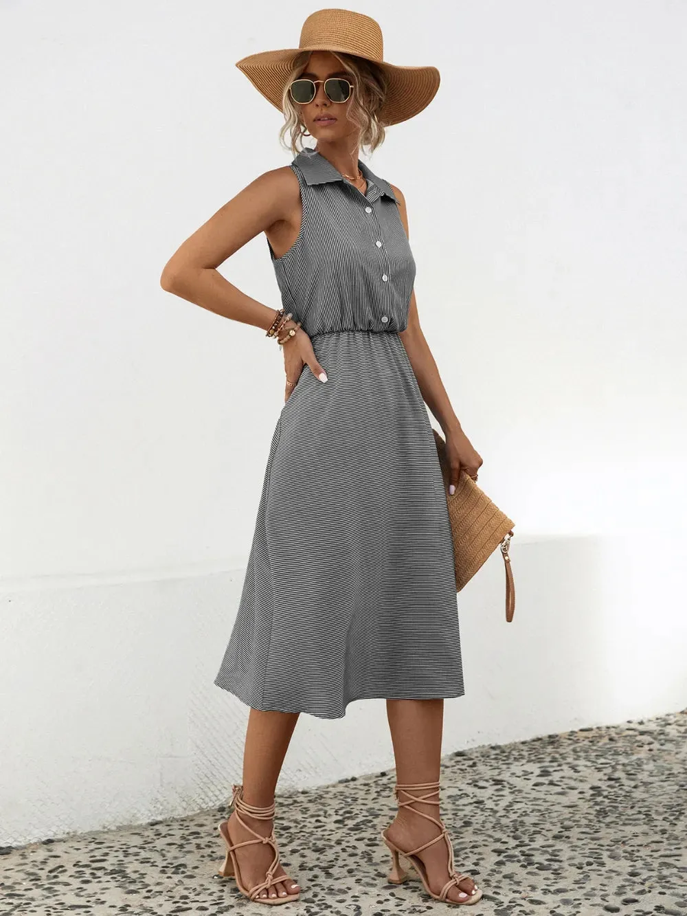 Striped Collared Neck Sleeveless Midi Dress sold by Gigi Laurent product image thumbnail 4