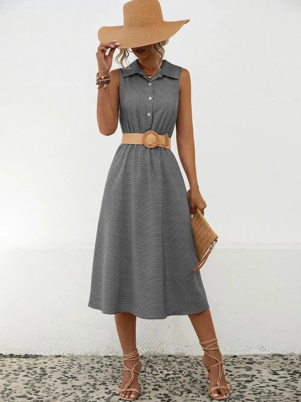 Striped Collared Neck Sleeveless Midi Dress sold by Gigi Laurent product image thumbnail 5