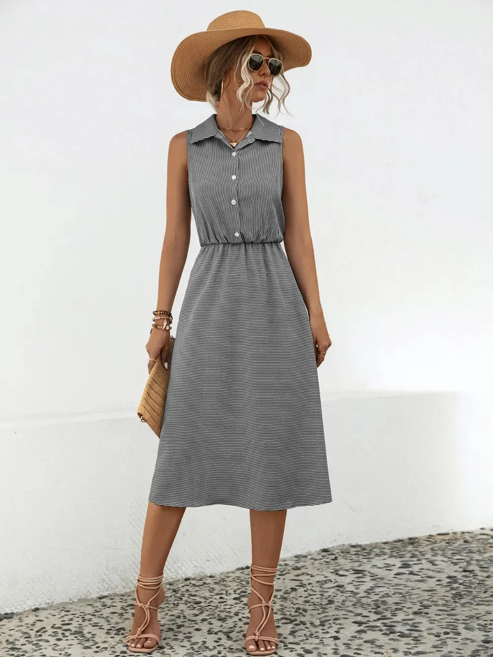 Striped Collared Neck Sleeveless Midi Dress sold by Gigi Laurent