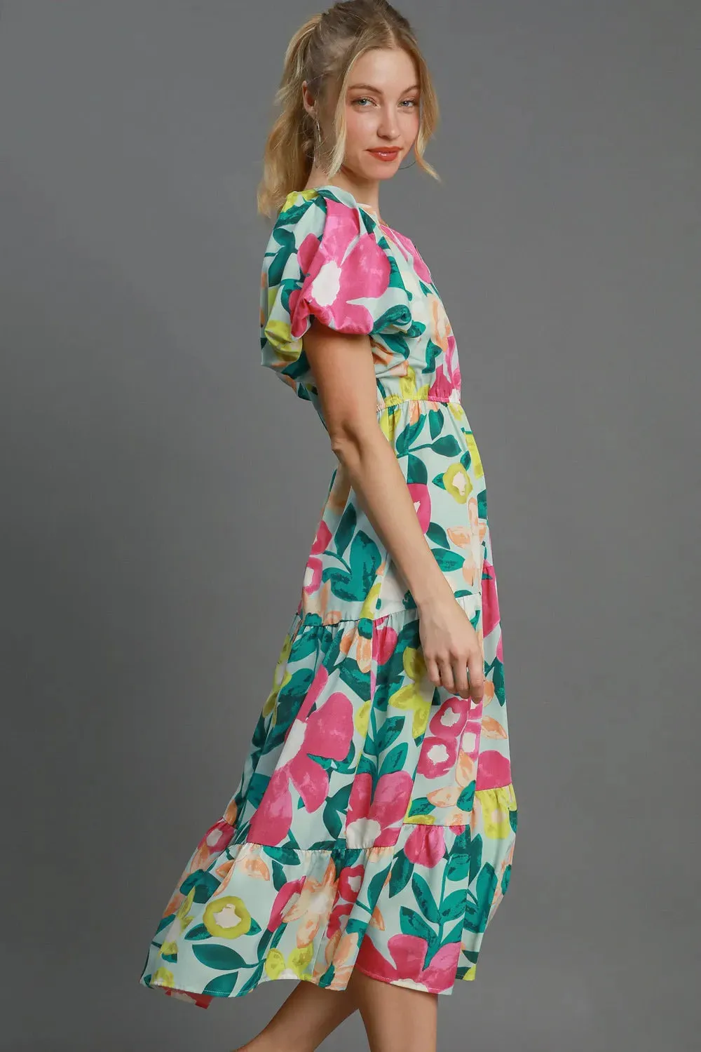 Umgee Full Size Tiered Floral Print Notched Puff Sleeve Midi Dress Plus Size sold by Gigi Laurent product image thumbnail 3