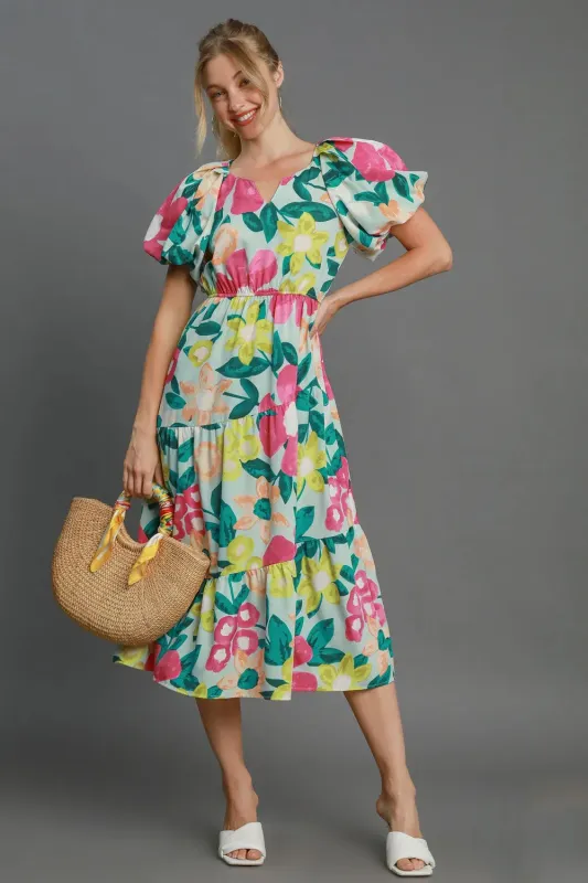 Umgee Full Size Tiered Floral Print Notched Puff Sleeve Midi Dress Plus Size sold by Gigi Laurent