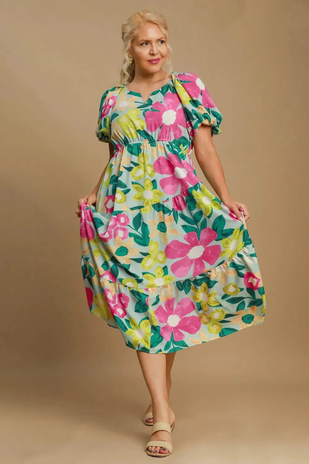 Umgee Full Size Tiered Floral Print Notched Puff Sleeve Midi Dress Plus Size sold by Gigi Laurent product image thumbnail 4