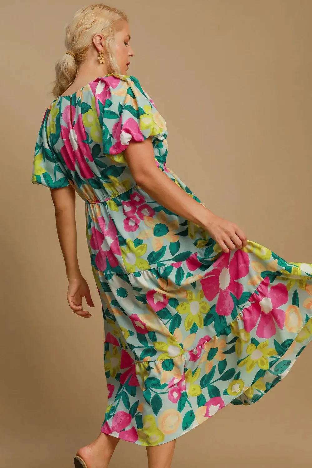 Umgee Full Size Tiered Floral Print Notched Puff Sleeve Midi Dress Plus Size sold by Gigi Laurent product image thumbnail 5