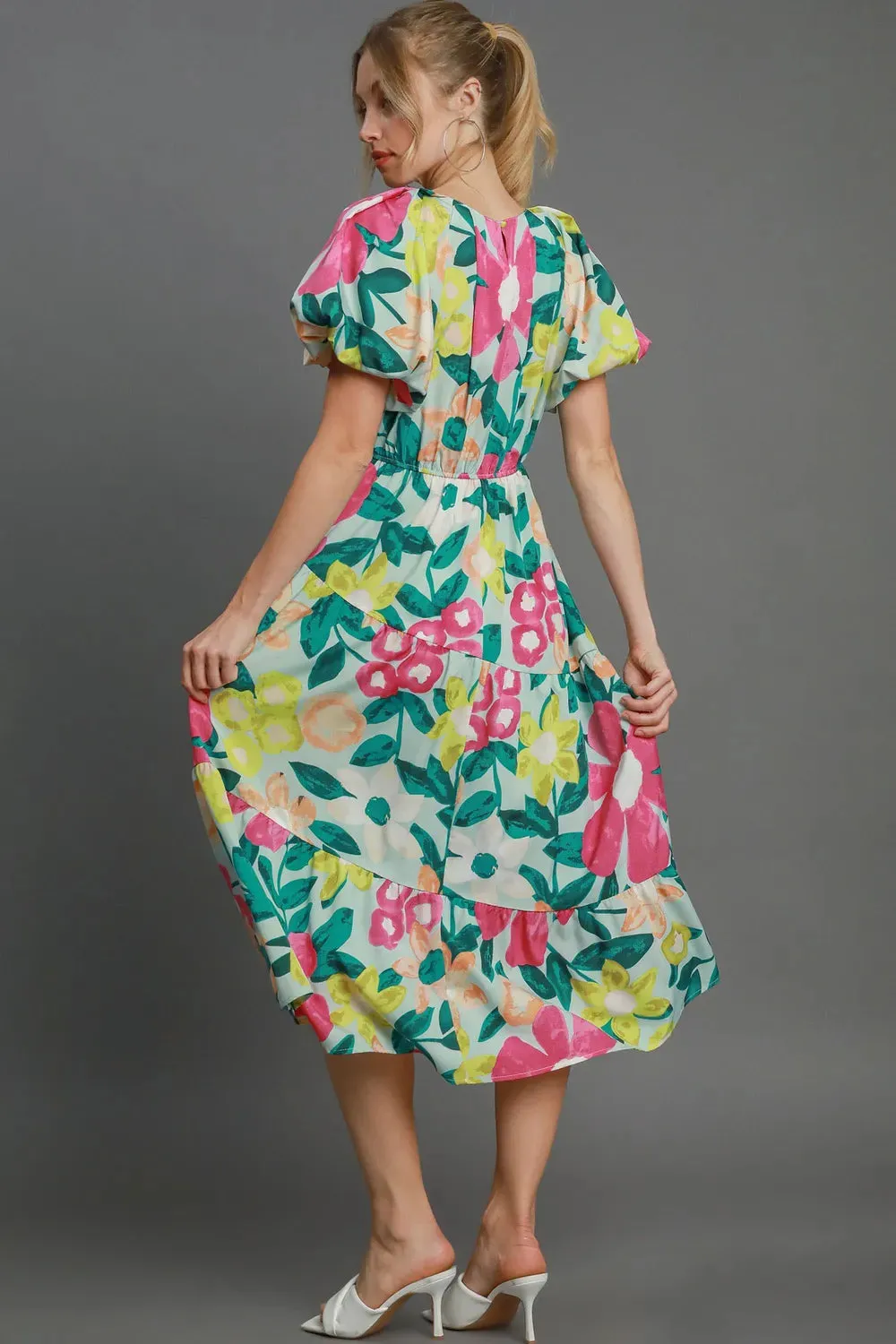 Umgee Full Size Tiered Floral Print Notched Puff Sleeve Midi Dress Plus Size sold by Gigi Laurent product image thumbnail 2