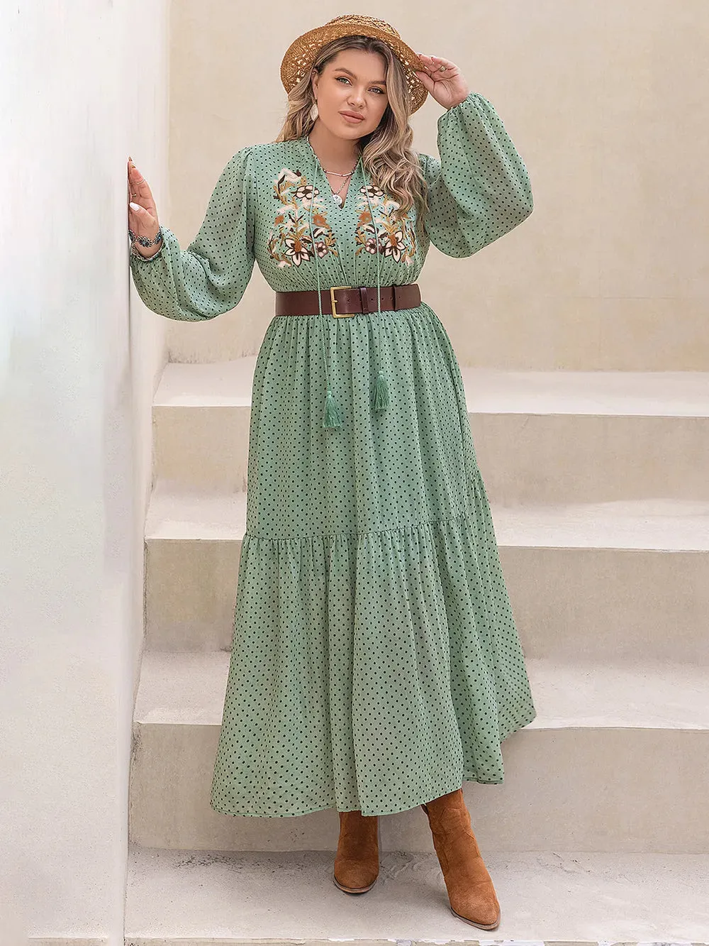 Plus Size Tassel Printed Tie Neck Long Sleeve Midi Dress sold by Gigi Laurent product image thumbnail 4