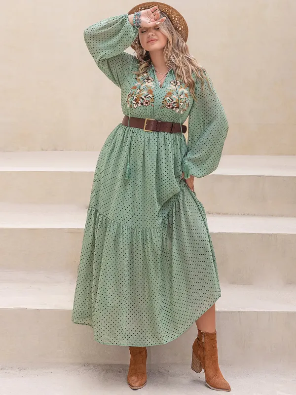 Plus Size Tassel Printed Tie Neck Long Sleeve Midi Dress sold by Gigi Laurent