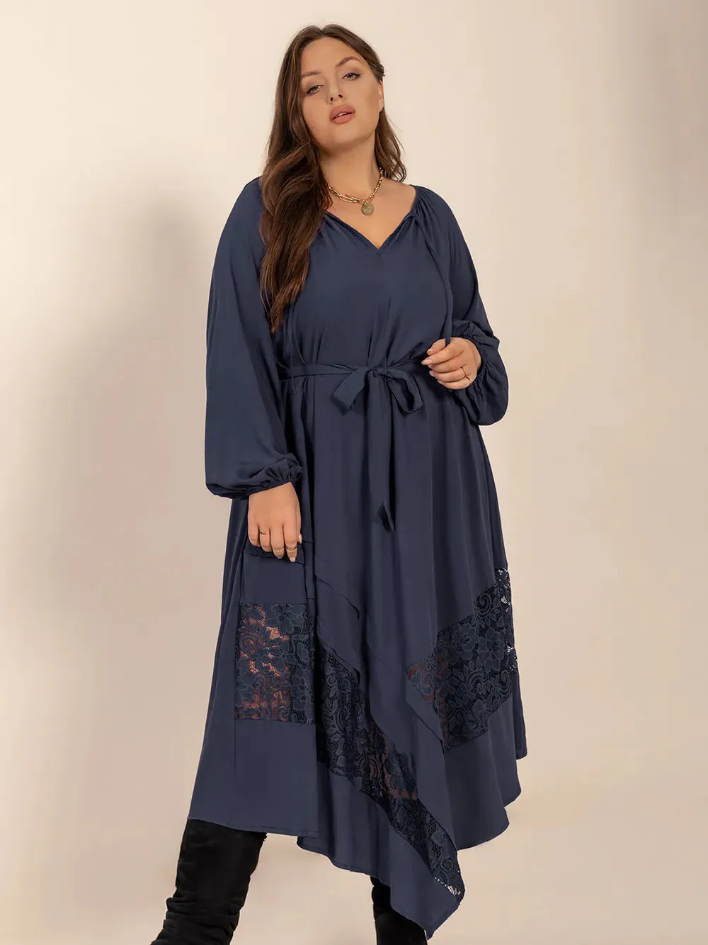 Plus Size Lace Detail Tie Neck Long Sleeve Midi Dress sold by Gigi Laurent product image thumbnail 4