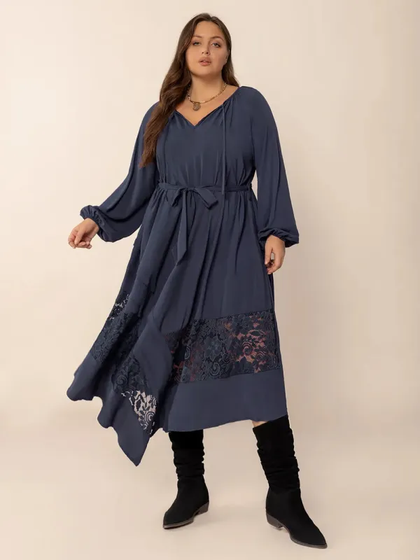 Plus Size Lace Detail Tie Neck Long Sleeve Midi Dress sold by Gigi Laurent