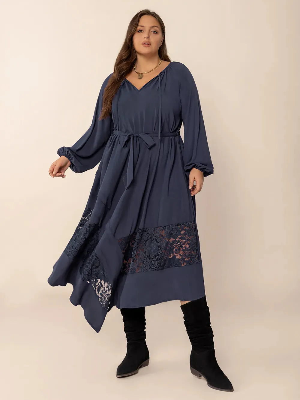 Plus Size Lace Detail Tie Neck Long Sleeve Midi Dress sold by Gigi Laurent
