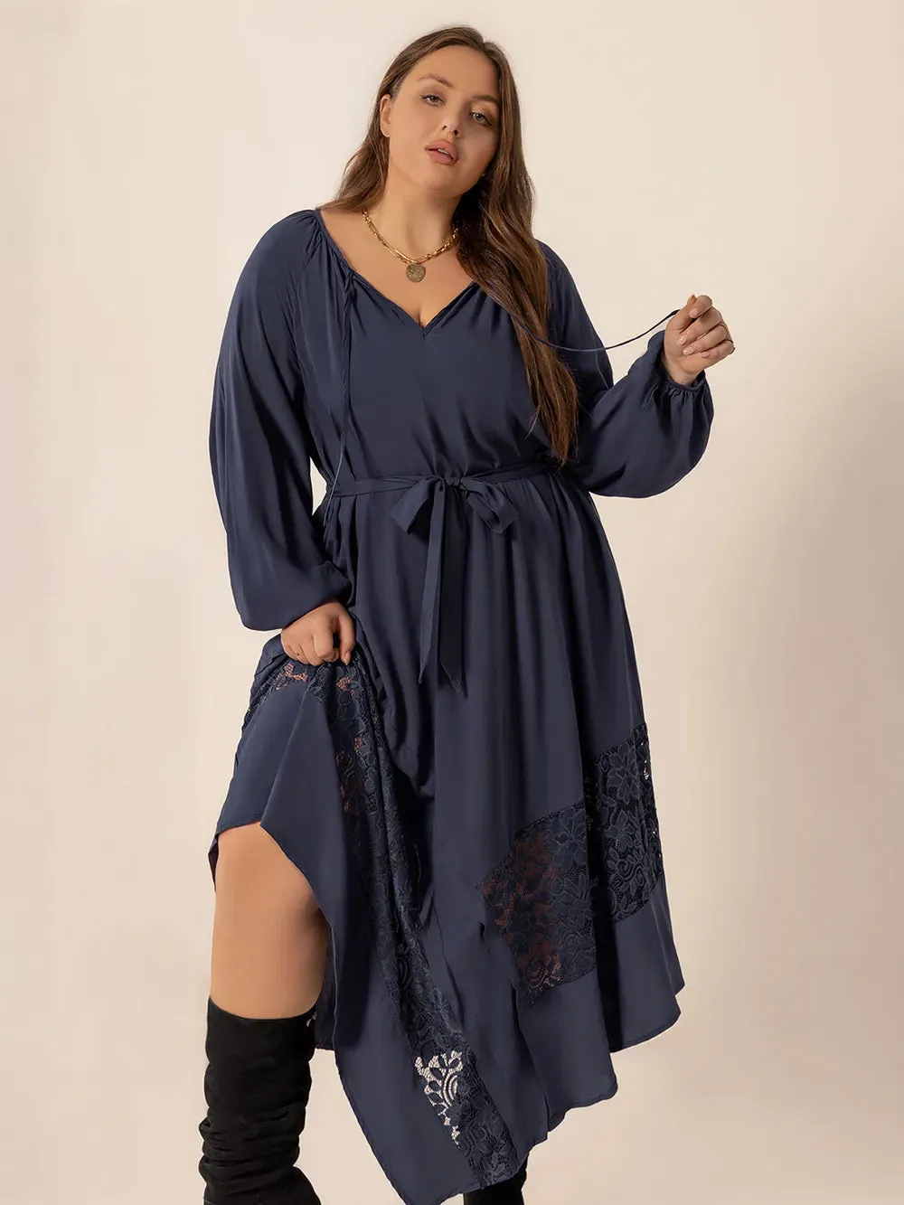 Plus Size Lace Detail Tie Neck Long Sleeve Midi Dress sold by Gigi Laurent product image thumbnail 5