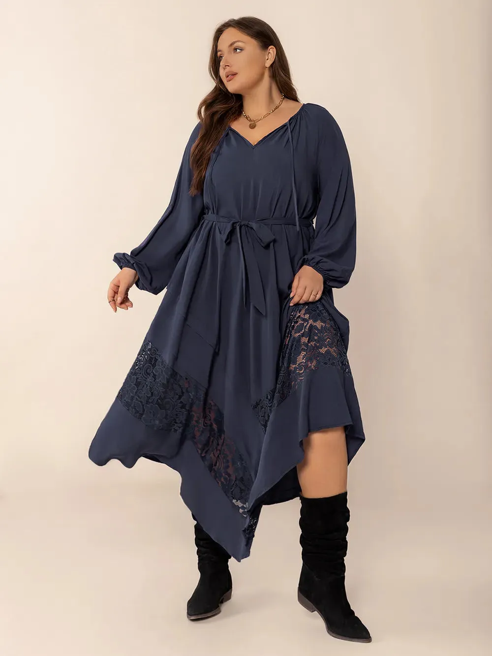 Plus Size Lace Detail Tie Neck Long Sleeve Midi Dress sold by Gigi Laurent product image thumbnail 3