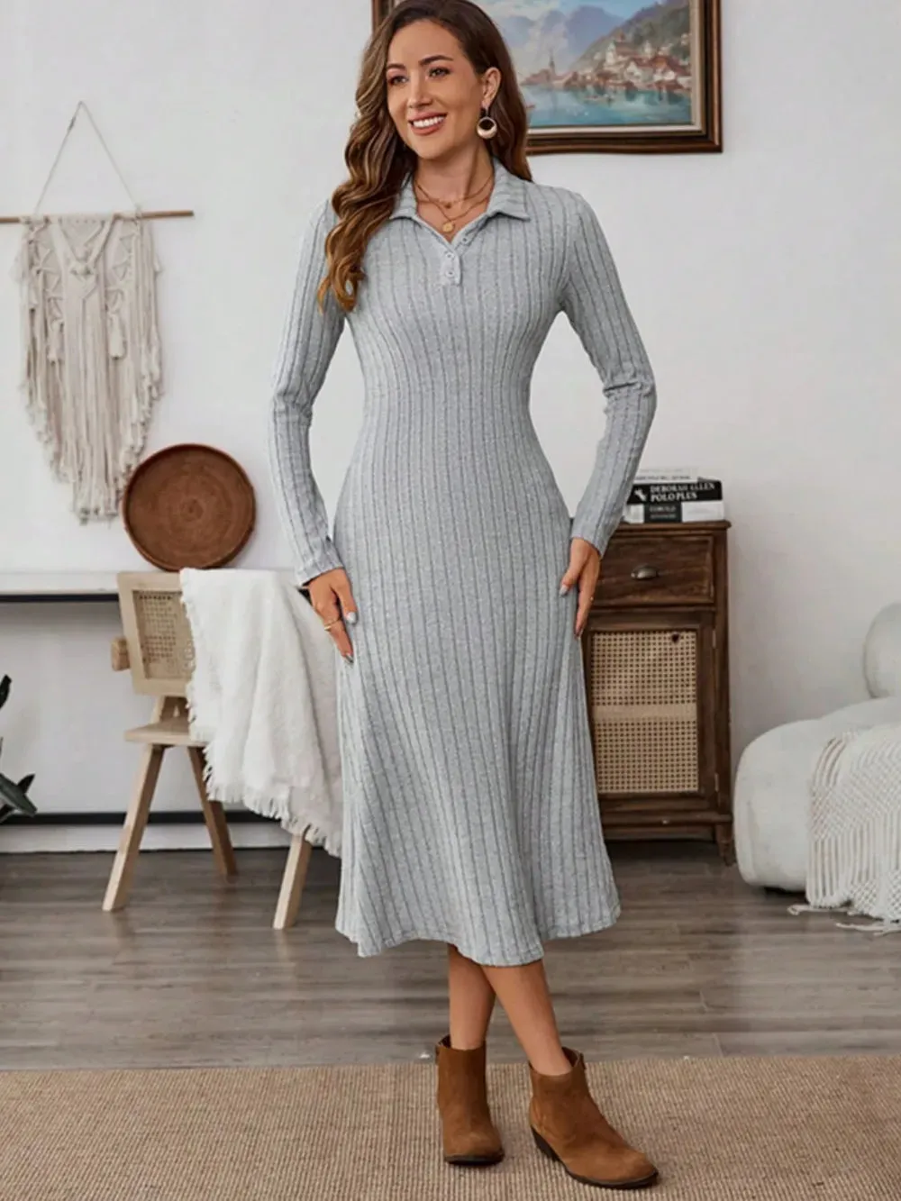 Collared Neck Long Sleeve Midi Dress sold by Gigi Laurent
