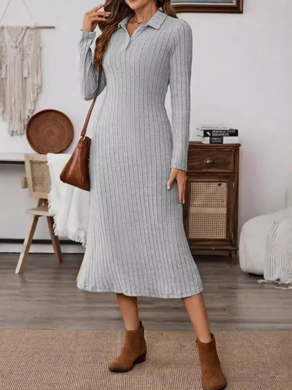 Collared Neck Long Sleeve Midi Dress sold by Gigi Laurent product image thumbnail 4
