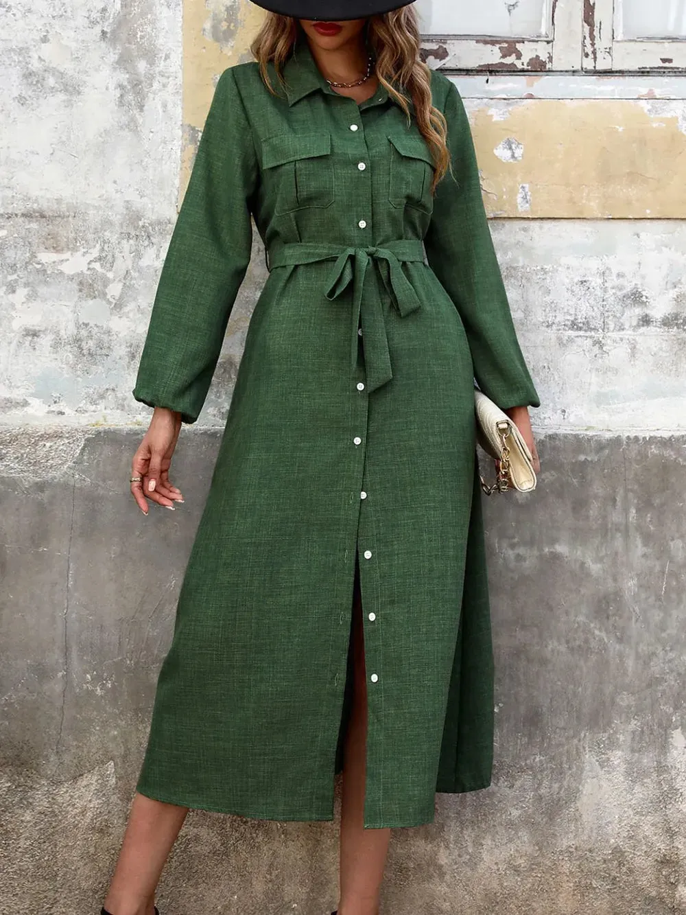 Perfee Collared Neck Long Sleeve Midi Shirt Dress sold by Gigi Laurent