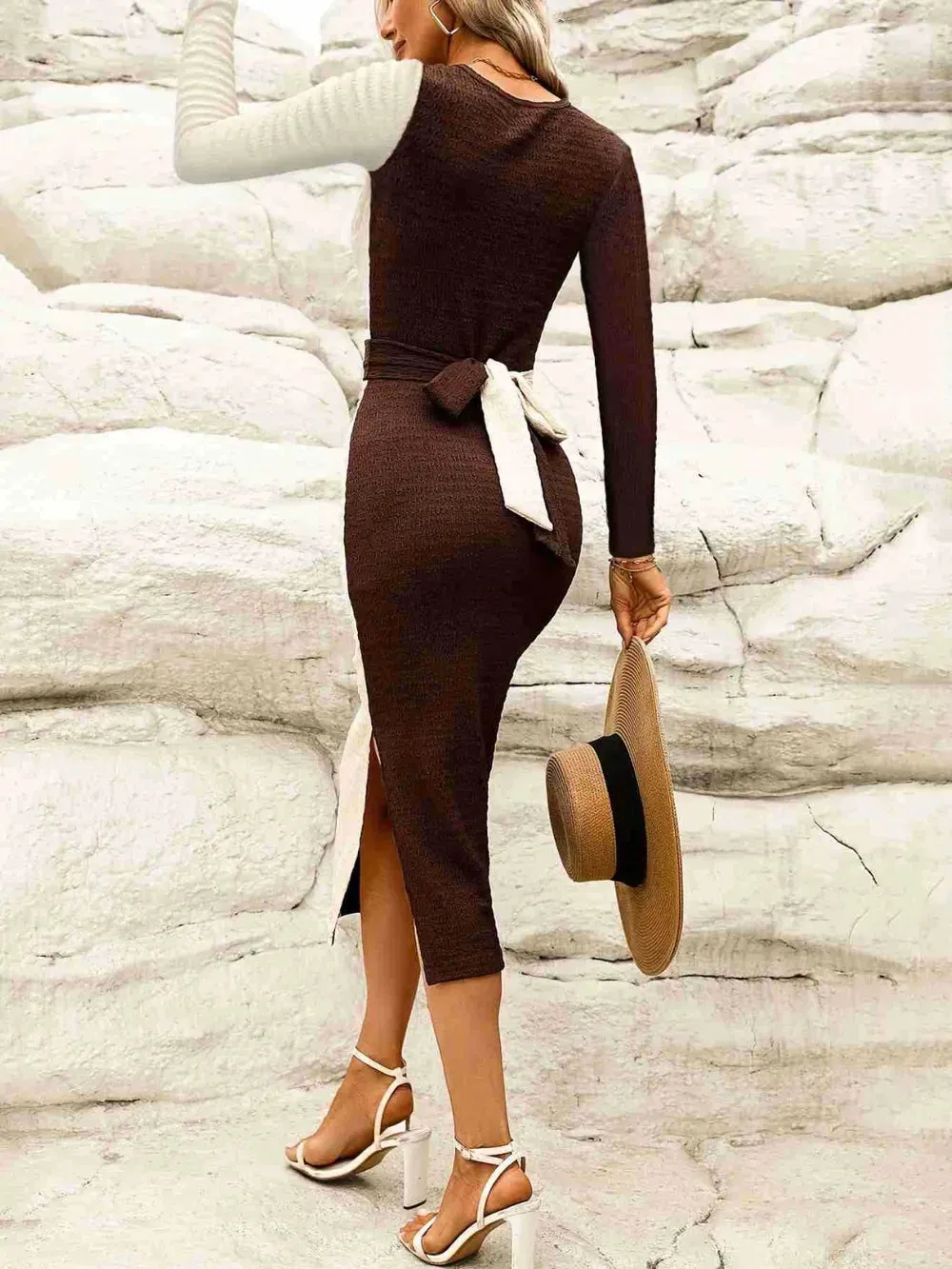 Two Tone Slit Round Neck Long Sleeve Midi Dress sold by Gigi Laurent product image thumbnail 2