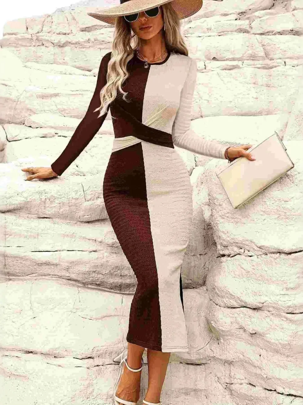 Two Tone Slit Round Neck Long Sleeve Midi Dress sold by Gigi Laurent