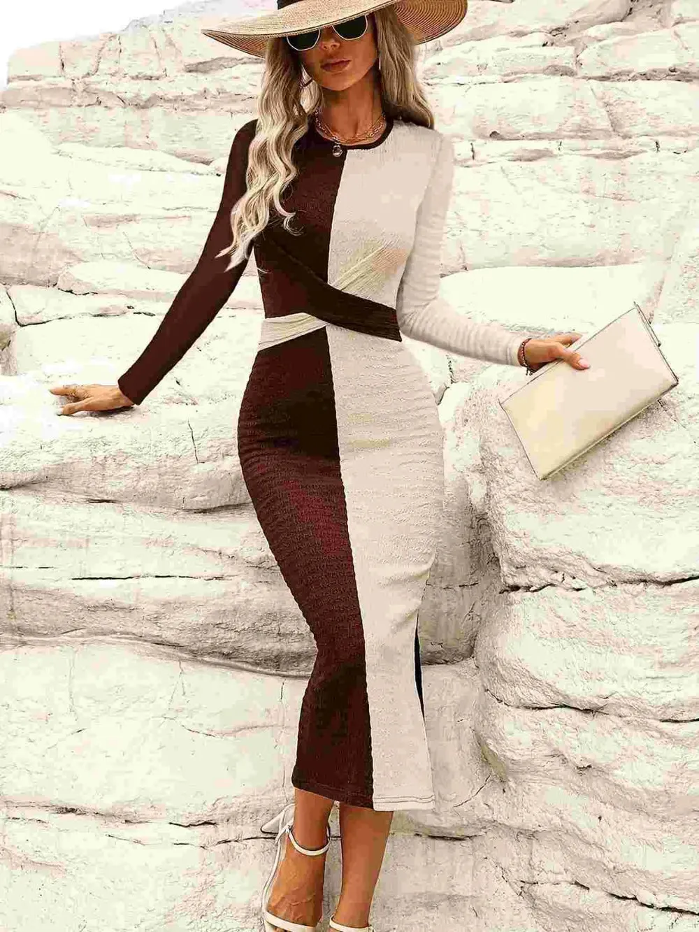 Two Tone Slit Round Neck Long Sleeve Midi Dress sold by Gigi Laurent product image thumbnail 5