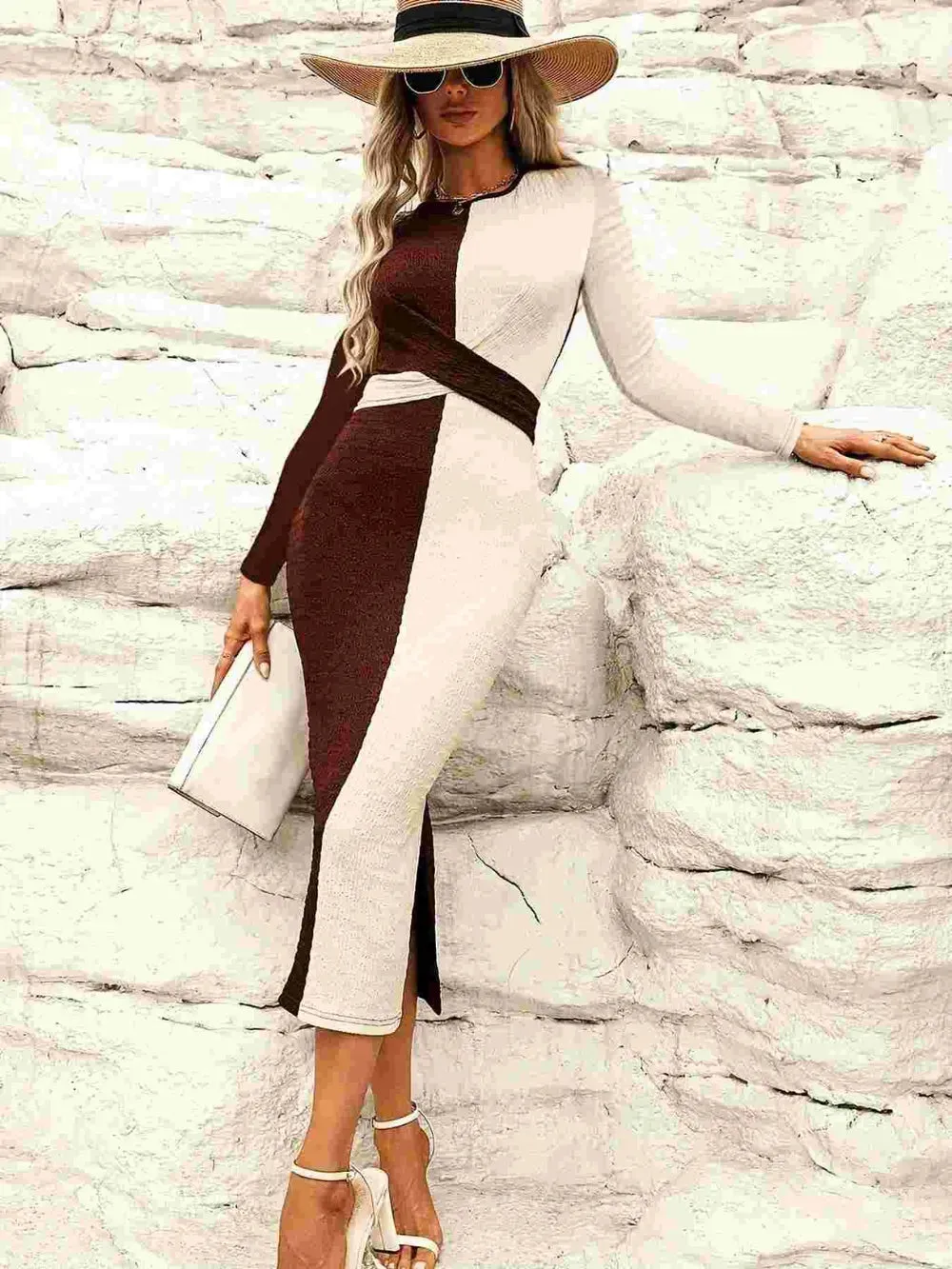 Two Tone Slit Round Neck Long Sleeve Midi Dress sold by Gigi Laurent product image thumbnail 3