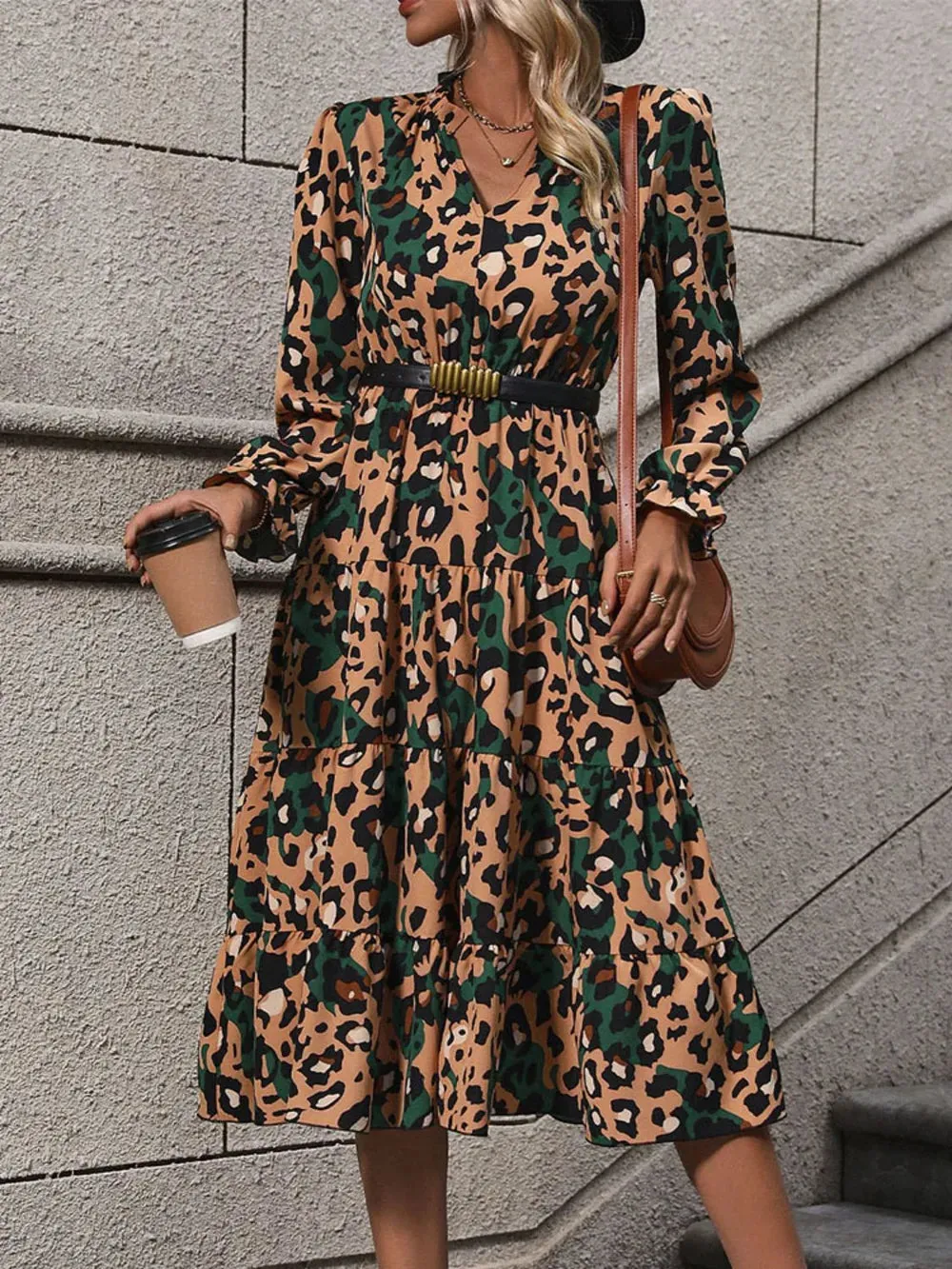 Perfee Leopard Notched Flounce Sleeve Midi Dress sold by Gigi Laurent product image thumbnail 3