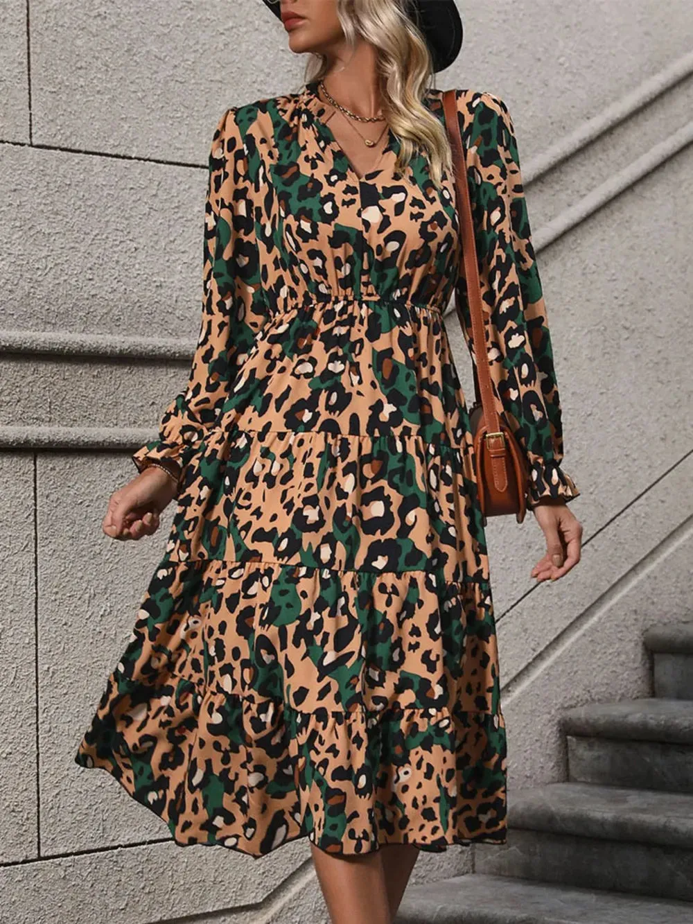 Perfee Leopard Notched Flounce Sleeve Midi Dress sold by Gigi Laurent