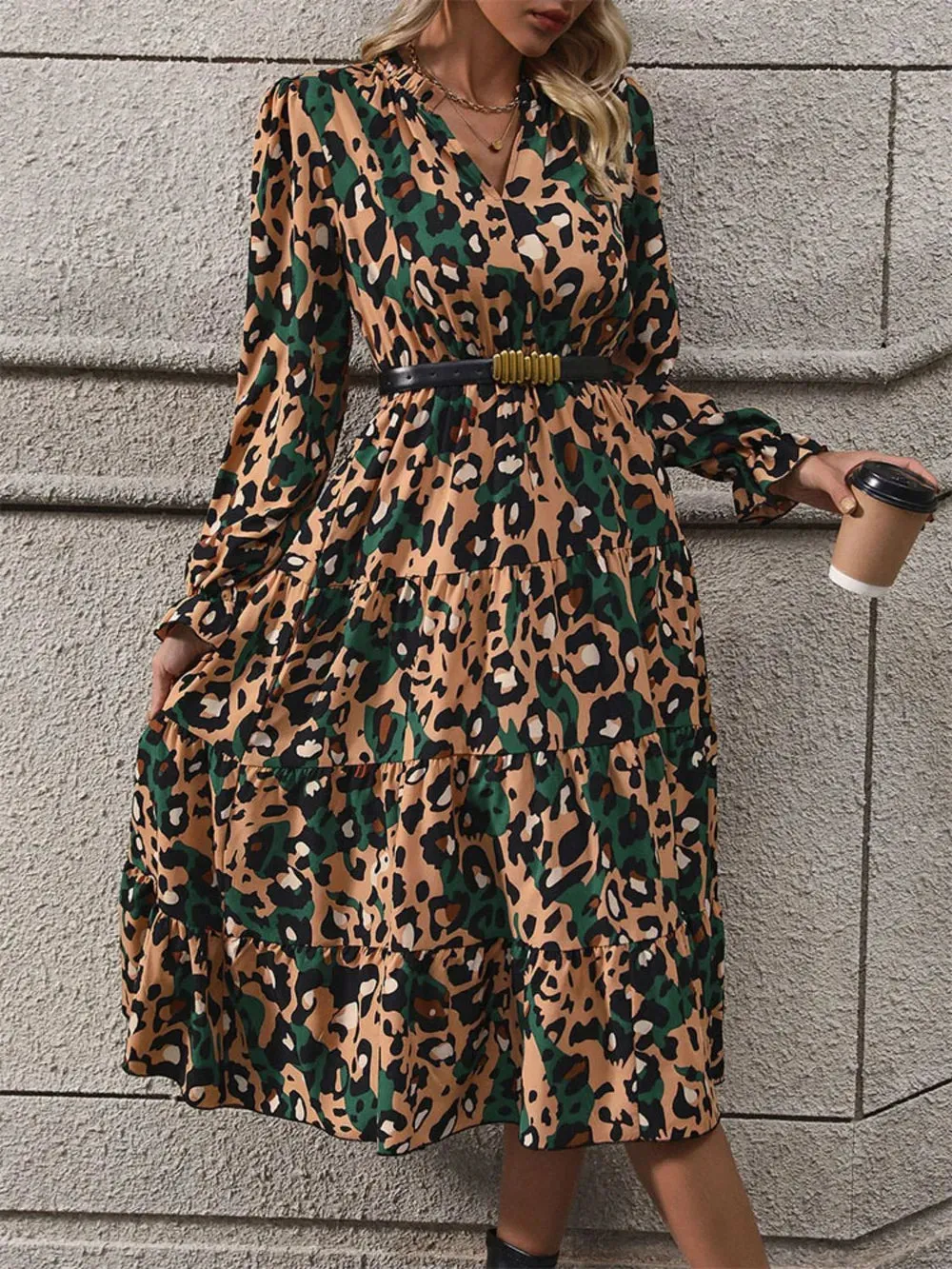 Perfee Leopard Notched Flounce Sleeve Midi Dress sold by Gigi Laurent product image thumbnail 5