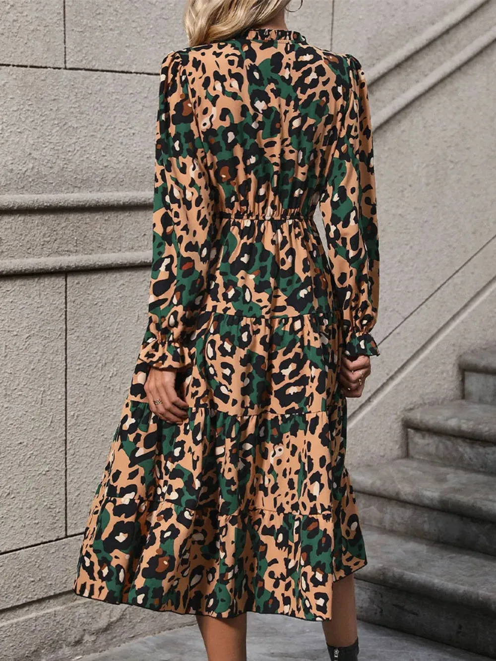 Perfee Leopard Notched Flounce Sleeve Midi Dress sold by Gigi Laurent product image thumbnail 2