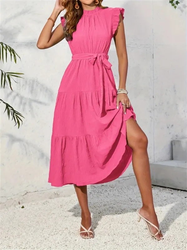 Frill Mock Neck Ruffled Cap Sleeve Midi Dress sold by Gigi Laurent