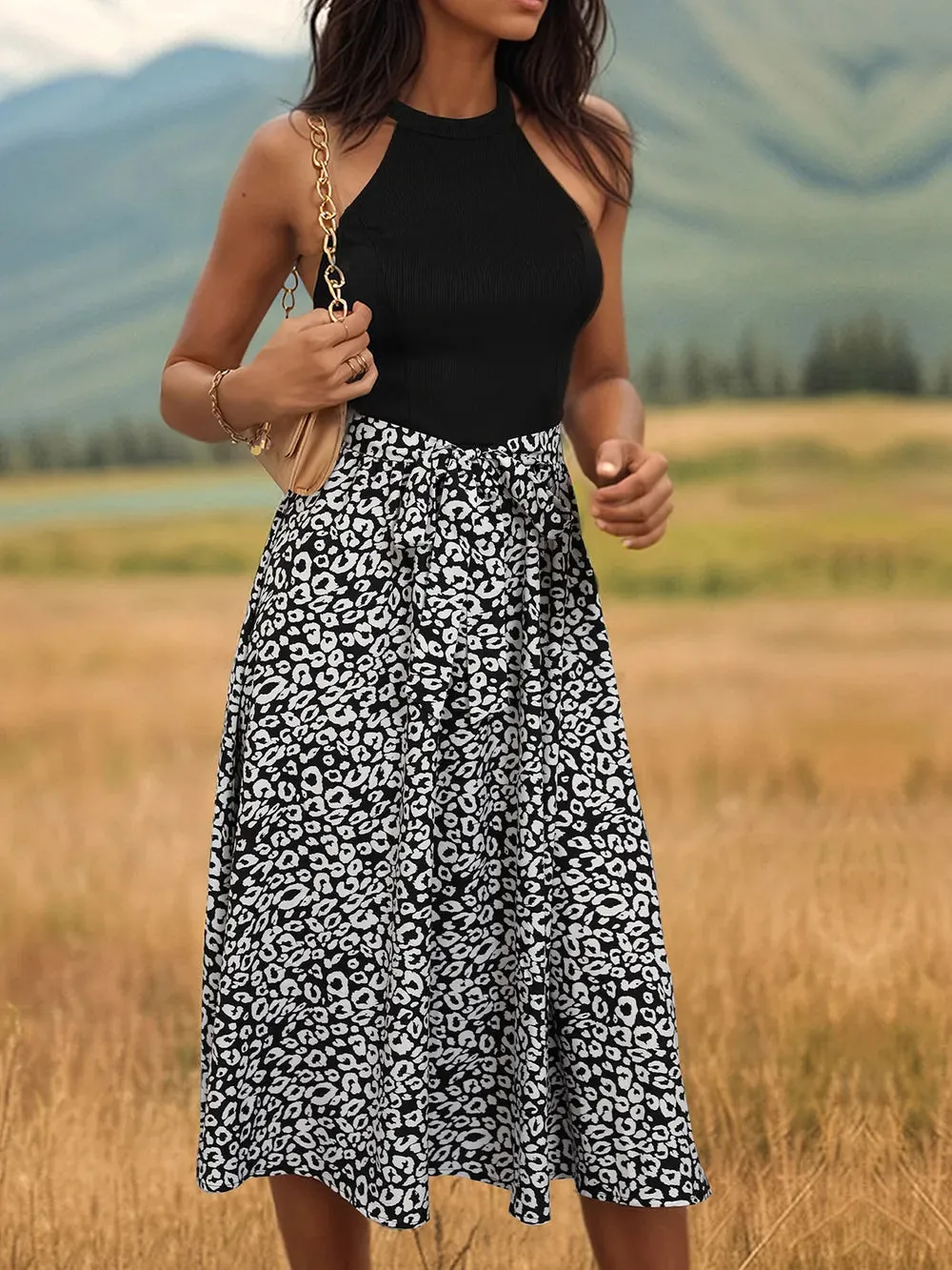Perfee Leopard Halter Neck Midi Dress sold by Gigi Laurent