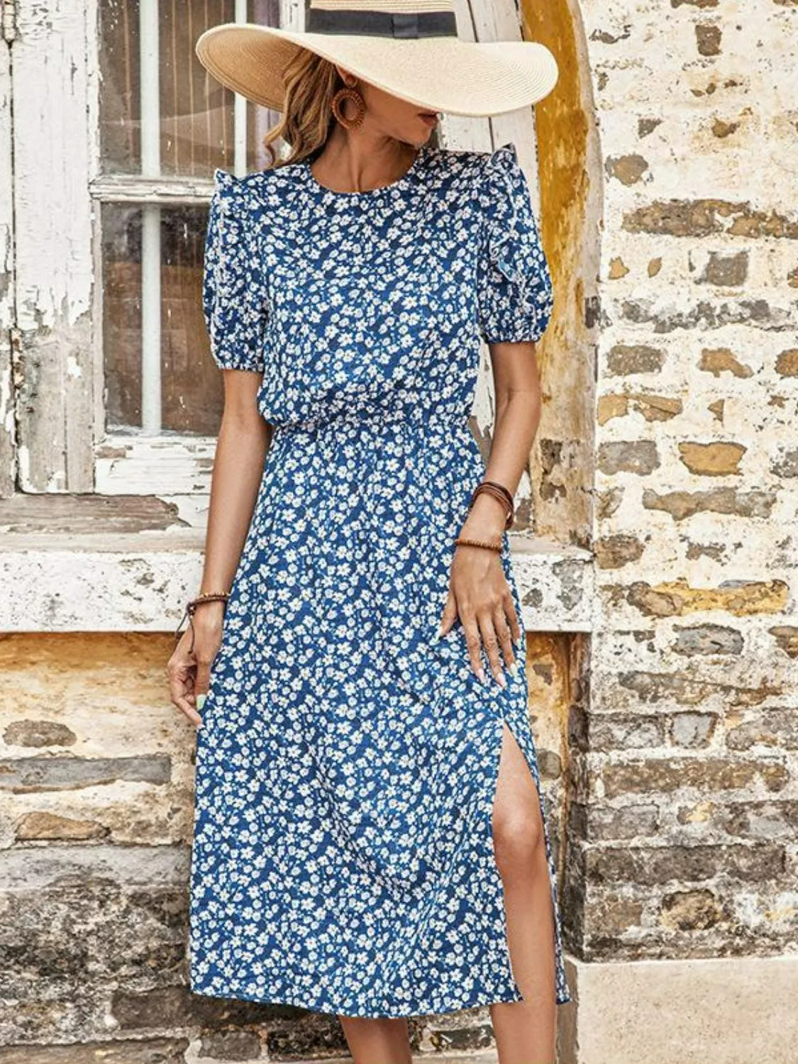 Perfee Floral Round Neck Split Midi Dress sold by Gigi Laurent